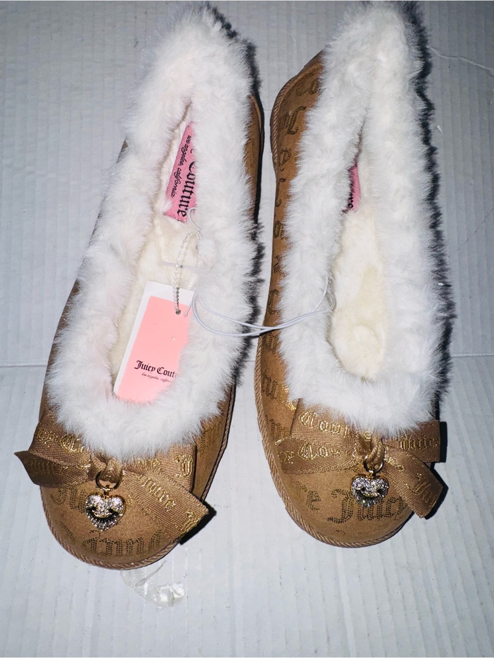Juicy Couture Bobby slippers Women's light Brown Faux-Fur Trim size 9